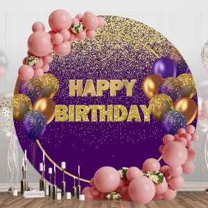 Purple Gold Glitter Balloons Round Birthday Backdrop