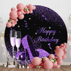 Purple High Heel Champagne Round Birthday Backdrop - Aperturee