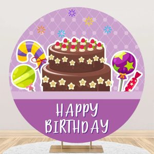 Purple Plaid Candyland Cake Round Birthday Backdrop