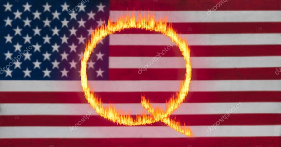 Q Anon deep state conspiracy concept formed from flames against US flag