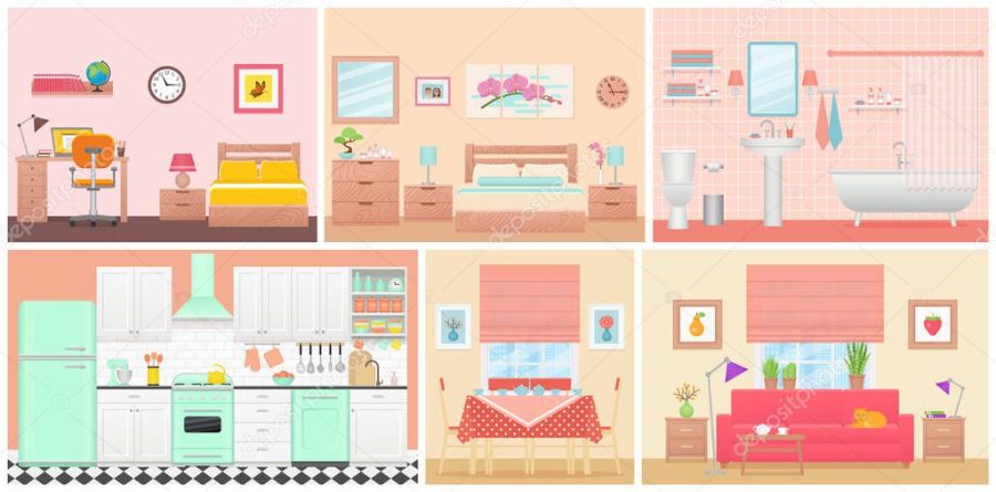 Room interiors. Vector illustration in flat design. Cartoon hous