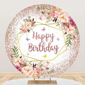 Rose Gold Glitter Floral Round Birthday Backdrop - Aperturee