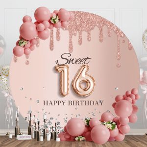 Rose Gold Glitter Round Sweet 16 Birthday Backdrop