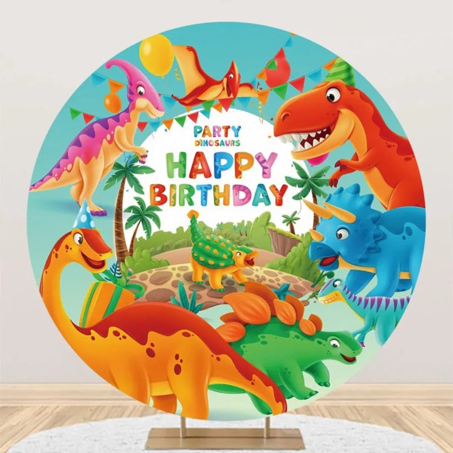 Round Colorful Dinosaurs Backdrop For Birthday Party - Aperturee