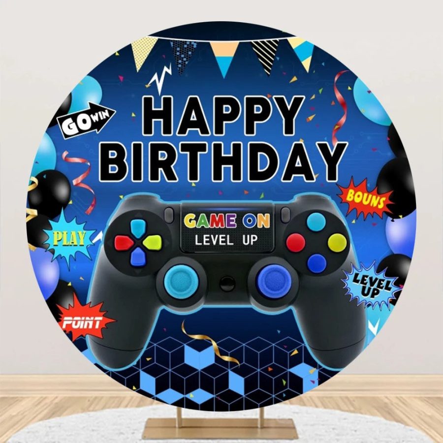 Round Gamepad Balloons Ribbons Blue Birthday Backdrop - Aperturee