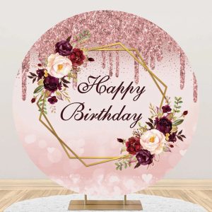 Round Rose Gold Glitter Floral Birthday Backdrop - Aperturee