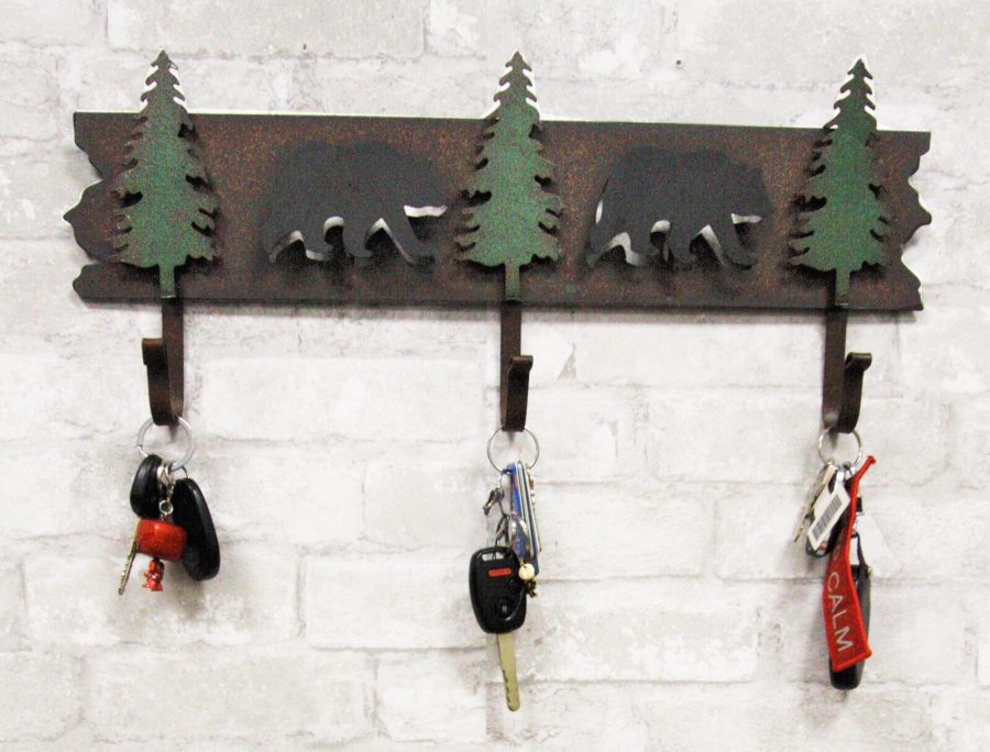 Rustic 2 Black Bear 3D Silhouettes With 3 Pine Trees 3-Peg Cast Iron Wall Hooks