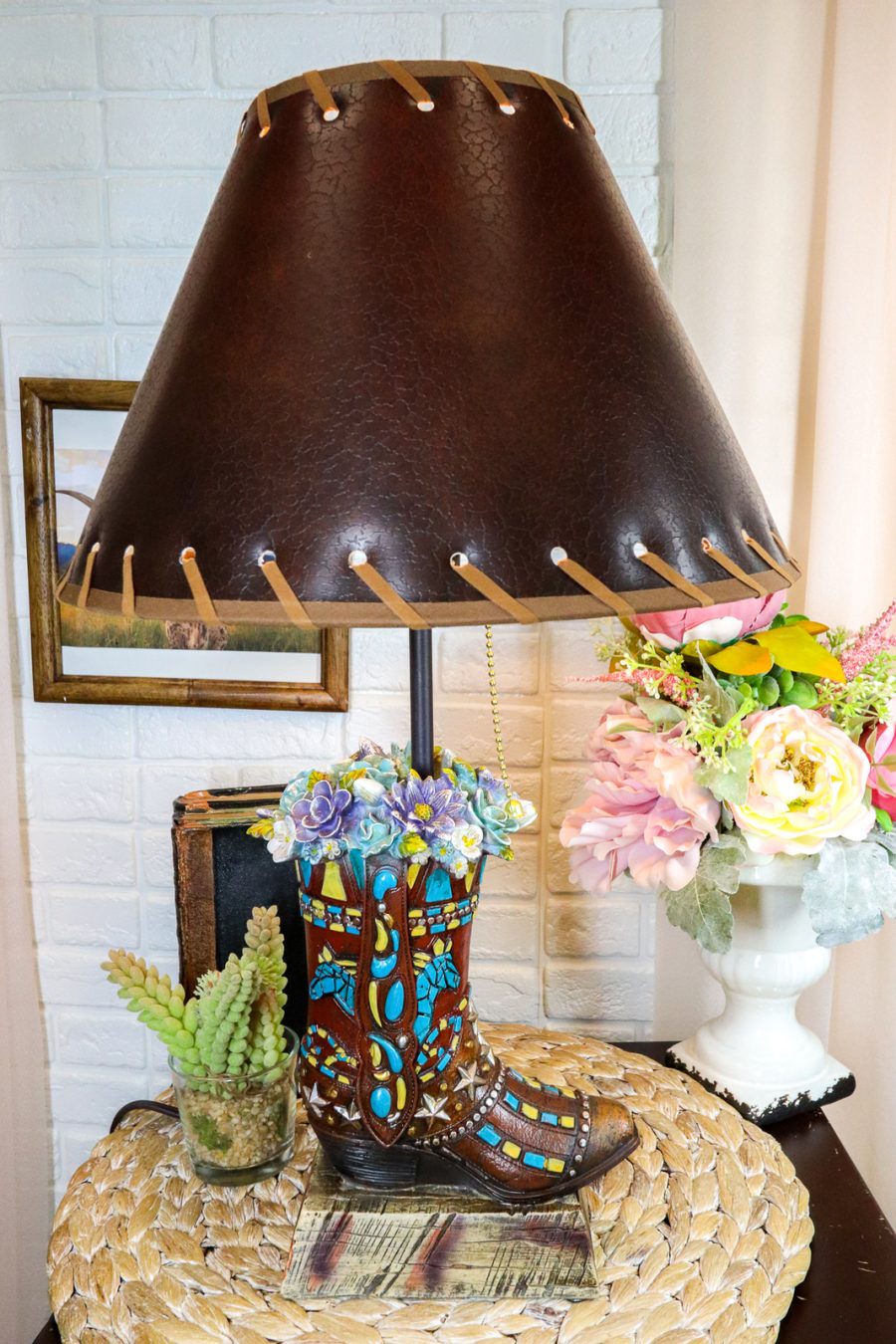 Rustic Western Faux Tooled Leather Floral Succulents Cowboy Boot Table Lamp