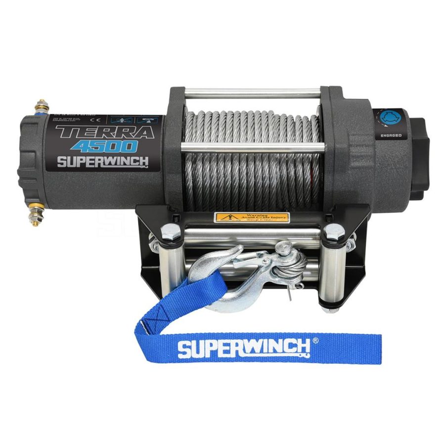 SUPERWINCH 1145260 Terra 4500 12V DC 4500lb/2041.2kg Single Line Pull UTV/ATV Winch with Roller Fairlead, 15/64in. X 50ft. Steel Wire Rope, Handheld remote, Handlebar switch