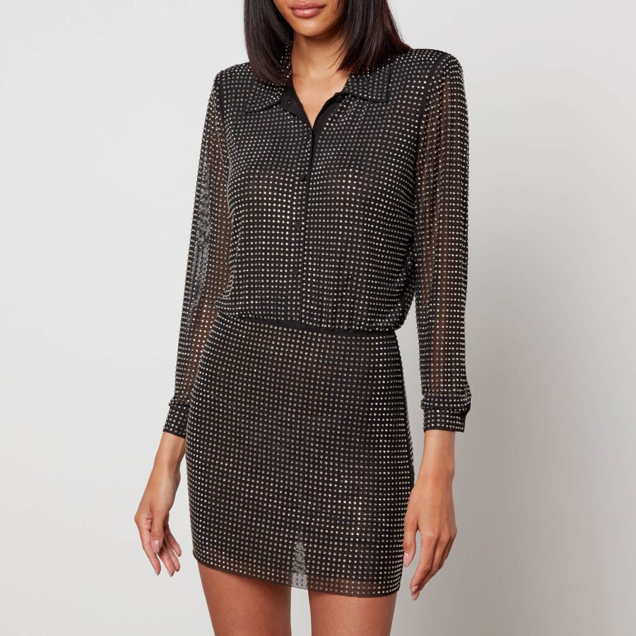 Self-Portrait Crystal-Embellished Mesh Mini Shirt Dress - UK 10/US 6