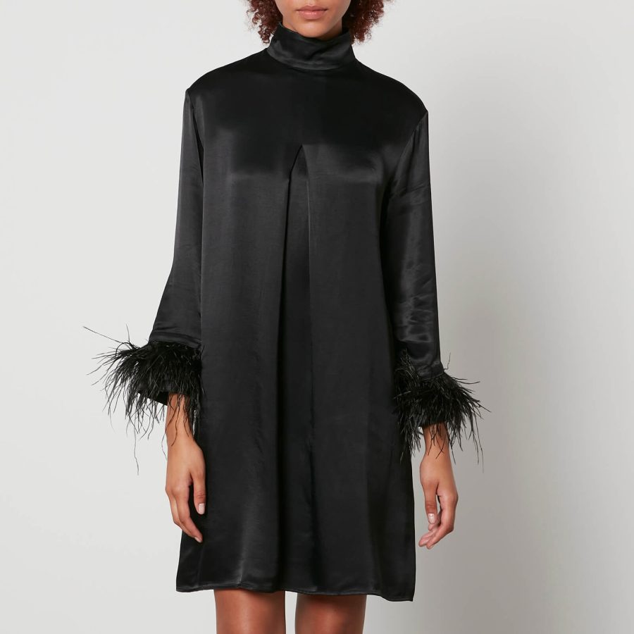 Sleeper Party Shirt Feather-Trimmed Satin Dress - M