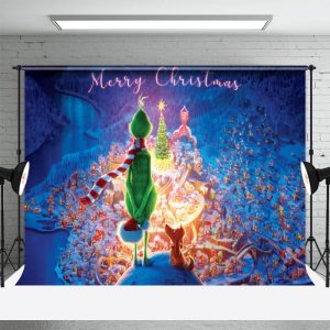 Snowy Town Green Monster Merry Christmas Backdrop - Aperturee