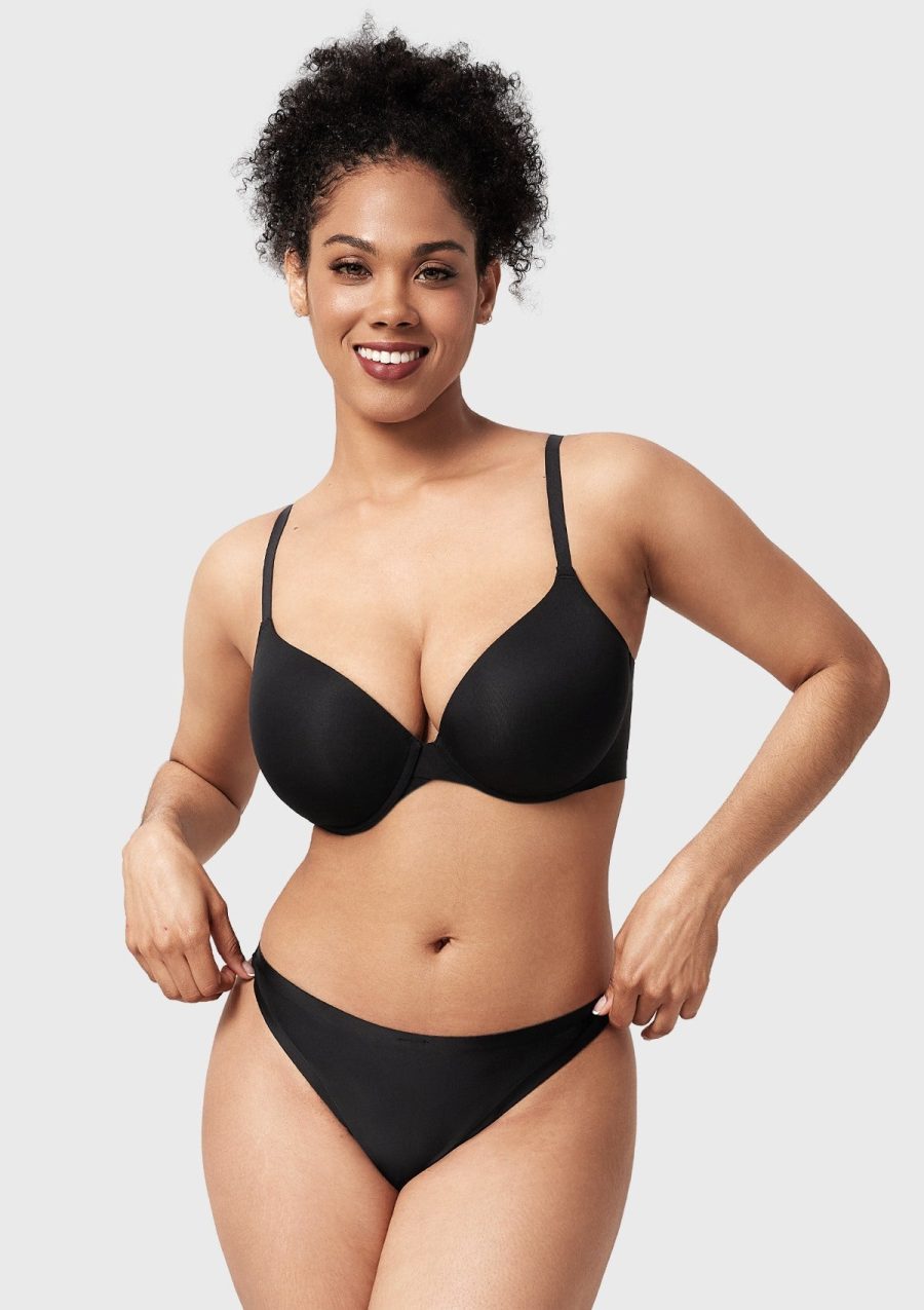 Songful Seamless Support Plunge Push-Up Lightly Padded T-Shirt Full Coverage Underwire Bra - Black / 32 / B