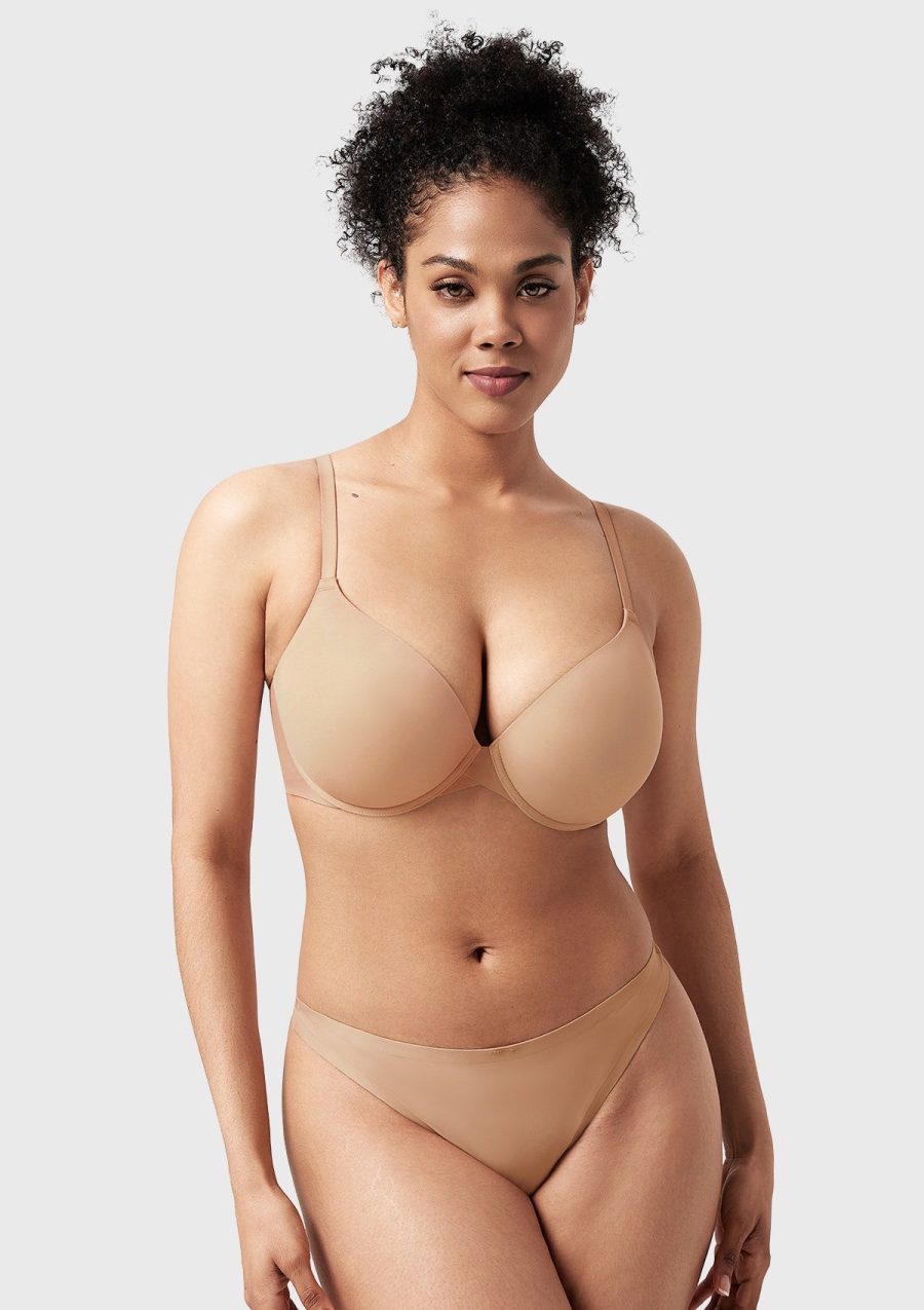 Songful Seamless Support Plunge Push-Up Lightly Padded T-Shirt Full Coverage Underwire Bra - Natural Nude / 32 / C