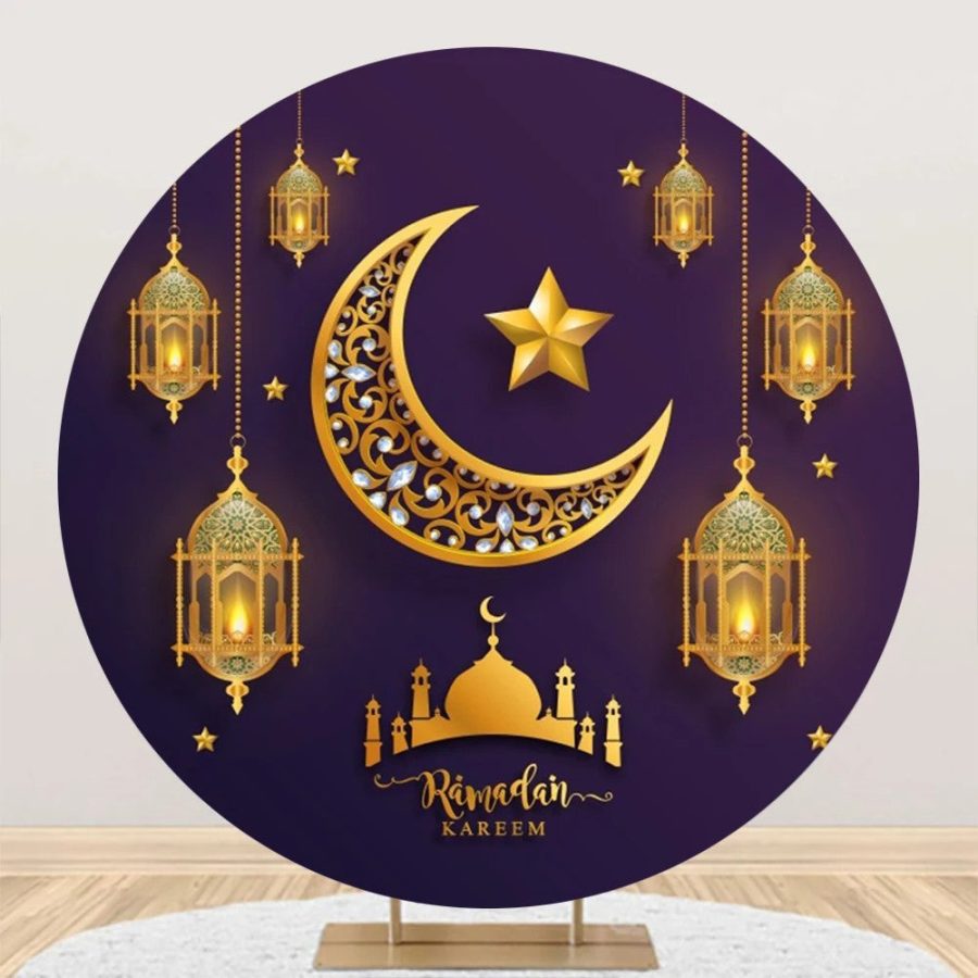 Starry Sky Moon Lantern Purple Round Eid Backdrop - Aperturee