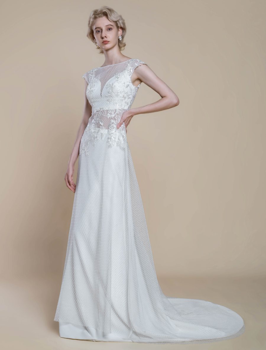 Two-piece Wedding Dress Lace Lace Illusion Neckline Sheath With Train Zipper Short Sleeves Long 30cm Ivory