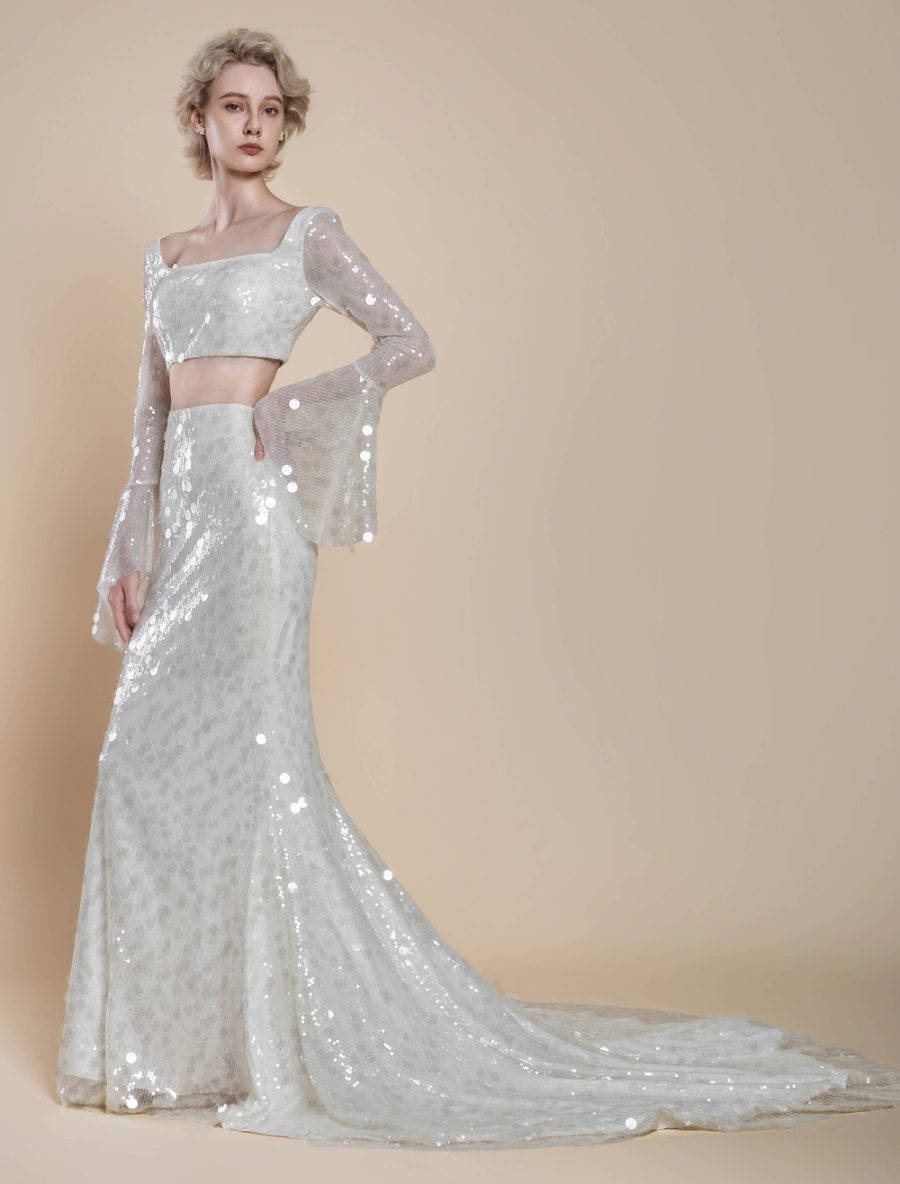 Two-piece Wedding Dress Sequined Sequins Square Neck Mermaid With Train Zipper Long Sleeves Long Ivory