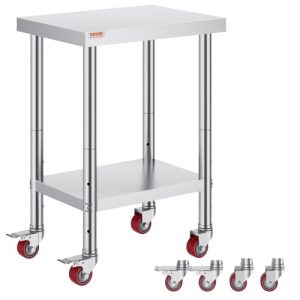 VEVOR 24x18x34 Inch Stainless Steel Work Table 3-Stage Adjustable Shelf with 4 Wheels Heavy Duty Commercial Food Prep Worktable with Brake for Kitchen Prep Work