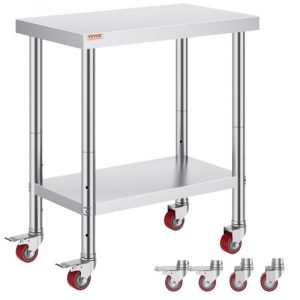 VEVOR 30x18x34 Inch Stainless Steel Work Table 3-Stage Adjustable Shelf with 4 Wheels Heavy Duty Commercial Food Prep Worktable with Brake for Kitchen Prep Work