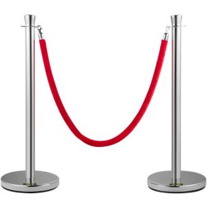 VEVOR Crowd Control Stanchion, Set of 2 Pieces Stanchion Set, Stanchion Set with 5 ft/1.5 m Red Velvet Rope, Silver Crowd Control Barrier w/Sturdy Concrete and Metal Base - Easy Connect Assembly