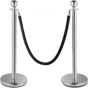 VEVOR Crowd Control Stanchion, Set of 2 Pieces Stanchion, Stanchion Set with 5 ft/1.5 m Black Velvet Rope, Silver Crowd Control Barrier w/Sturdy Concrete and Metal Base - Easy Connect Assembly