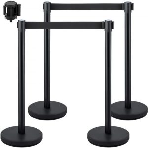 VEVOR Crowd Control Stanchion, Set of 4 Pieces Stanchion Set, Stanchion Set with 6.6 ft/2 m Black Retractable Belt, Black Crowd Control Barrier w/Concrete and Metal Base - Easy Connect Assembly