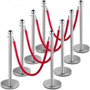 VEVOR Crowd Control Stanchion, Set of 8 Pieces Stanchion Set, Stanchion Set with 5 ft/1.5 m Red Velvet Rope, Silver Crowd Control Barrier w/ Sturdy Concrete and Metal Base - Easy Connect Assembly