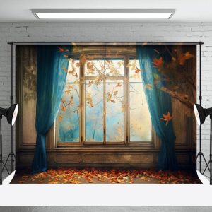 Vintage Window Maple Leaves Autumn Photo Backdrop