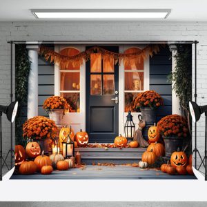 White Black Door Pumpkins Floral Autumn Backdrop