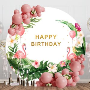 White Green Leaf Flamingo Round Birthday Backdrop