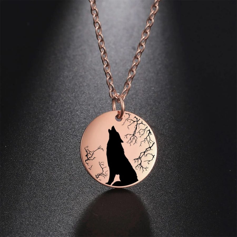 Wolf Howling In Forest Stainless Steel Necklace