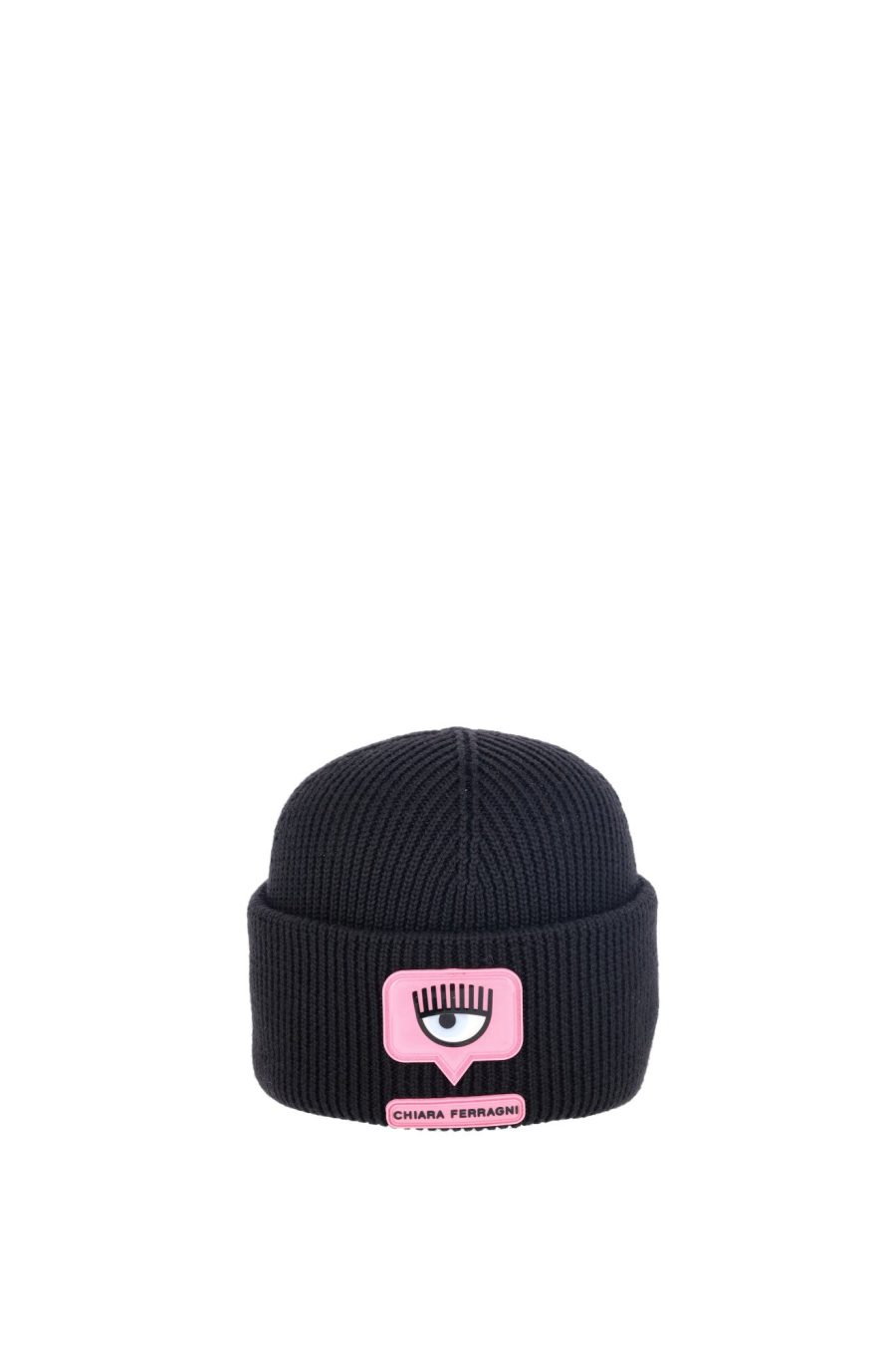 Women's CHIARA FERRAGNI 73SBZK35-ZG134 BLACK ribbed knit cap with Eye logo patch lapel.