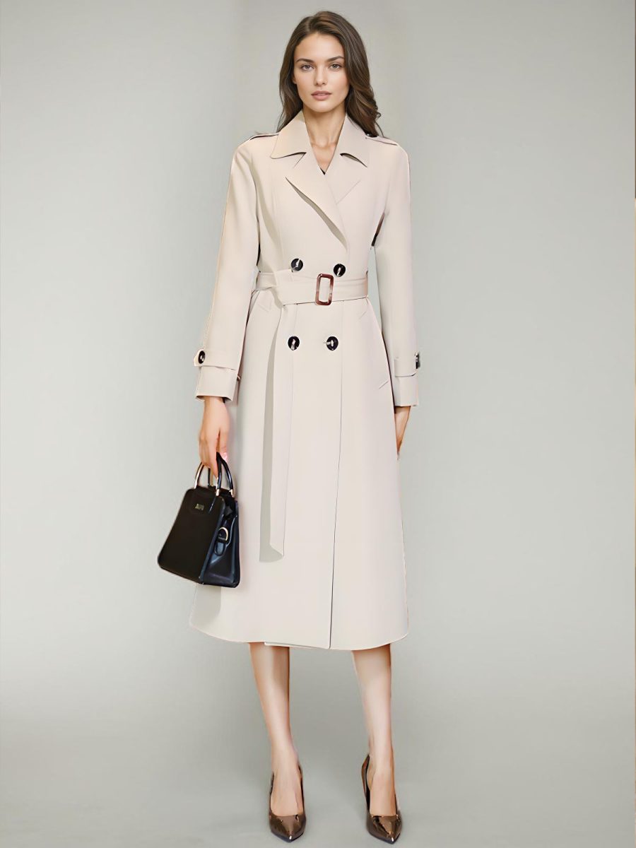 Women's Trench Coat Practical Buttons Turndown Collar Long Sleeves Polyester Lace-up