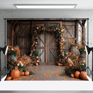 Wooden Barn Floral Pumpkins Autumn Photo Backdrop