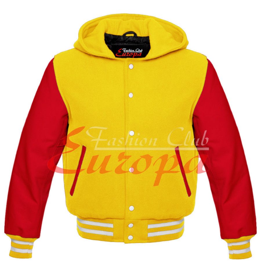 YELLOW AMERICAN VARSITY JACKET COLLEGE HOODIE LETTERMAN & REAL LEATHER SLEEVE