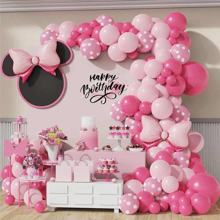 136Pcs Pink Mouse Birthday Decorations, Pink Rose Pink Polka Dots For Mouse Them