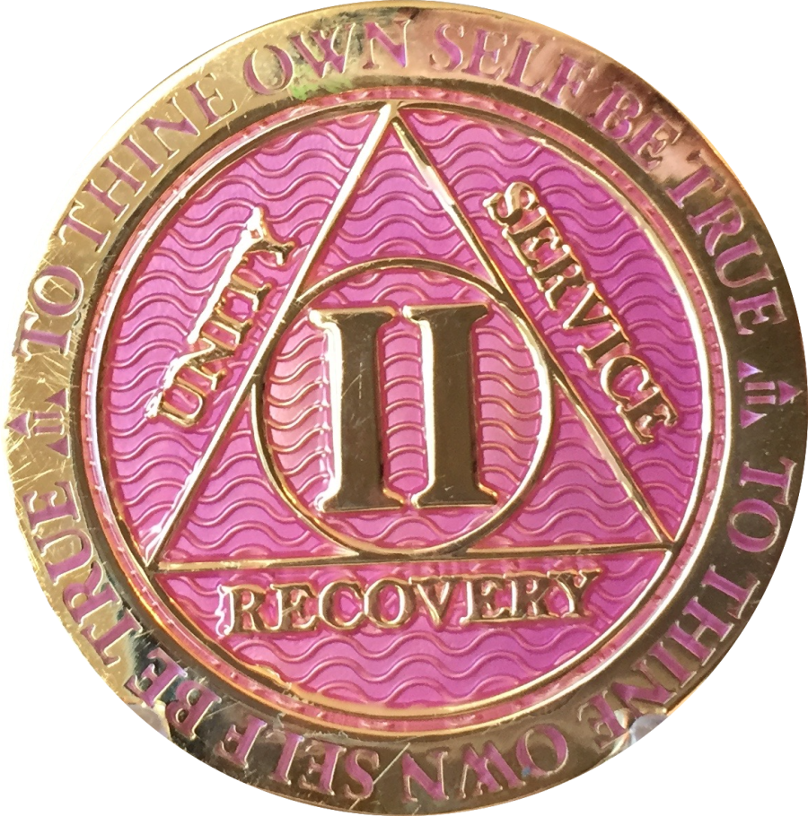 2 Year AA Medallion Lavender Pink Gold Alcoholics Anonymous Sobriety Chip Coin