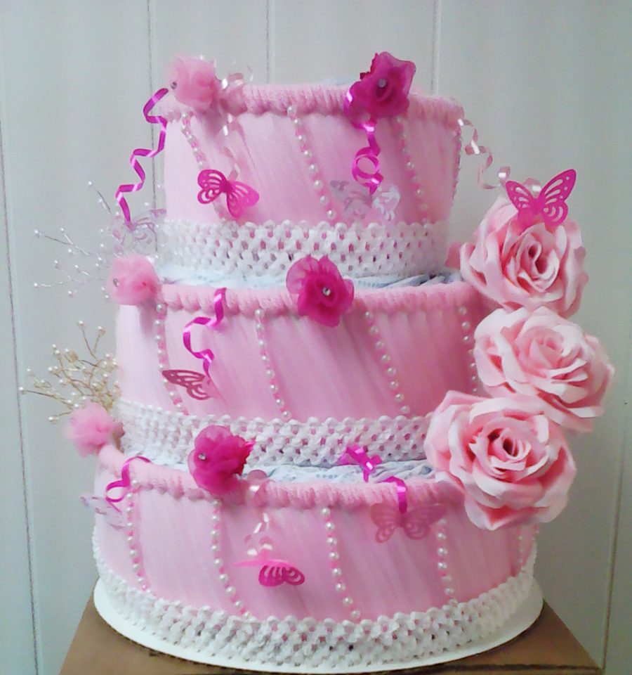 3 Tier Pink and White Elegant Butterflies Themed Diaper Cake Centerpiece