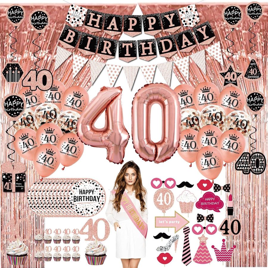 40Th Birthday Decorations For Women - (76Pack) Rose Gold Party Banner, Pennant,