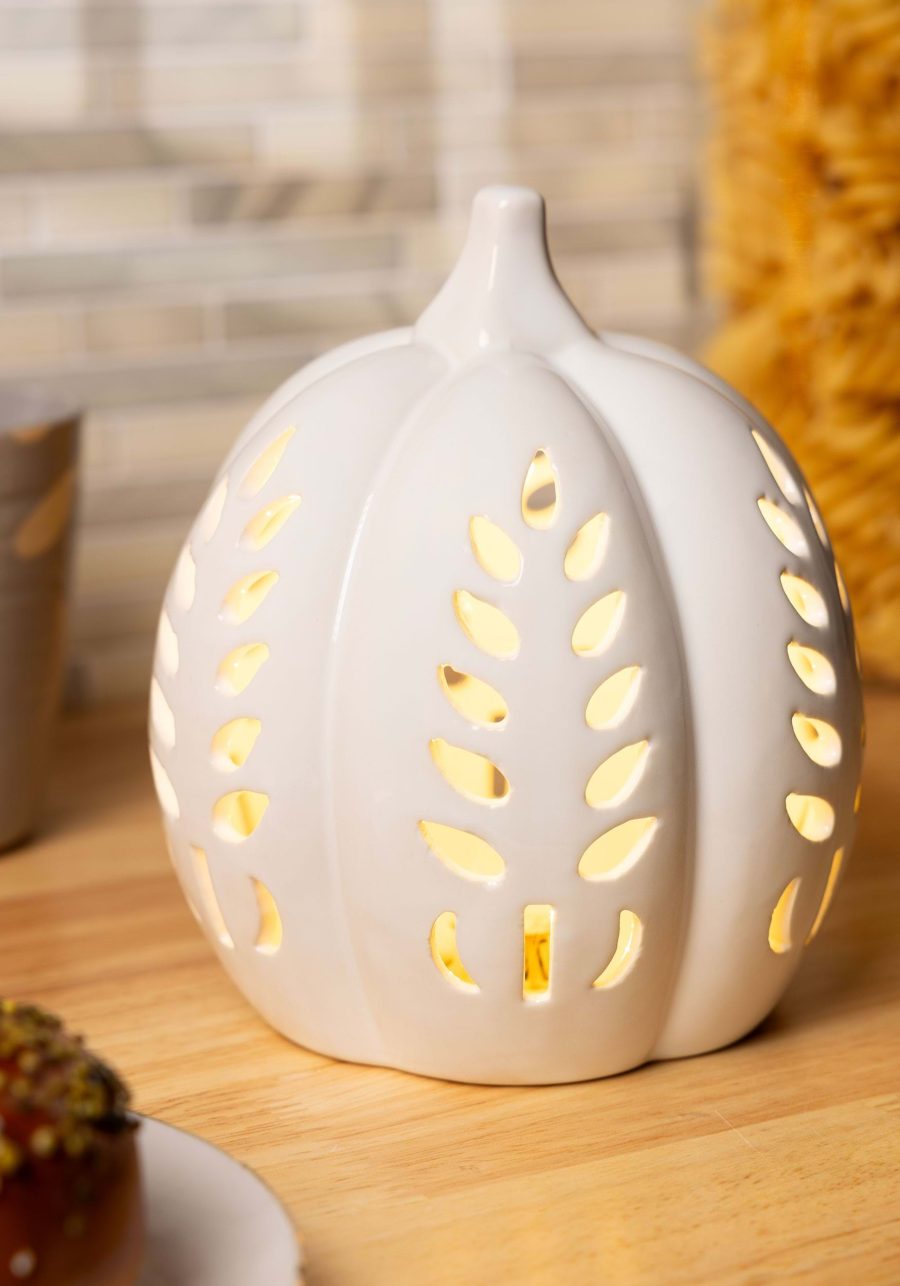 6.75 White Ceramic LED Cutout Pumpkin Decoration