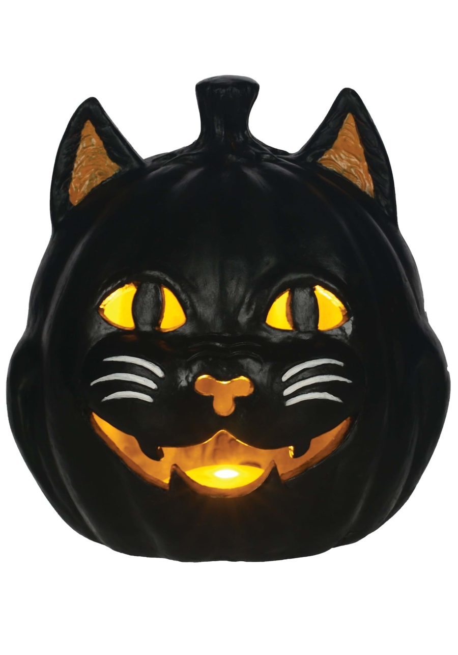 9-Inch Vintage Black Cat Light Up Jack O' Lantern Decoration