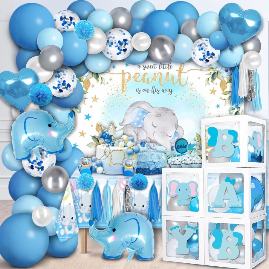 94 Pcs Baby Shower Decorations For Boy, 5 Pcs White Balloon Boxes, 70 Pcs Latex