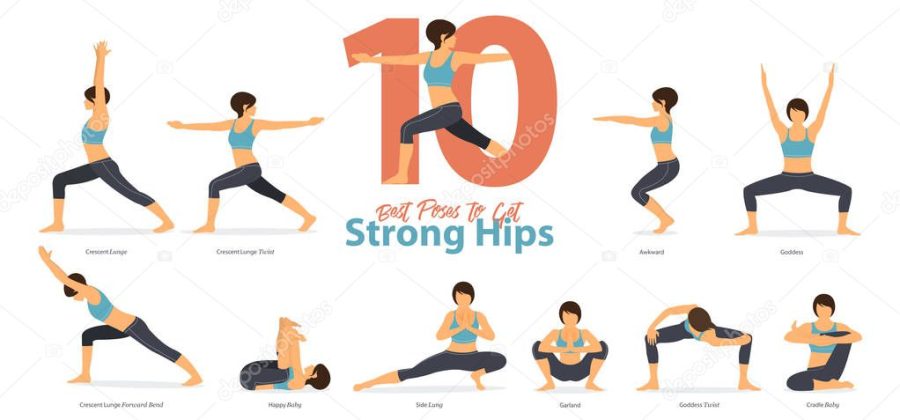 A set of yoga postures female figures for Infographic 10 Yoga poses for get strong hips in flat design. Woman figures exercise in blue sportswear and black yoga pant. Vector