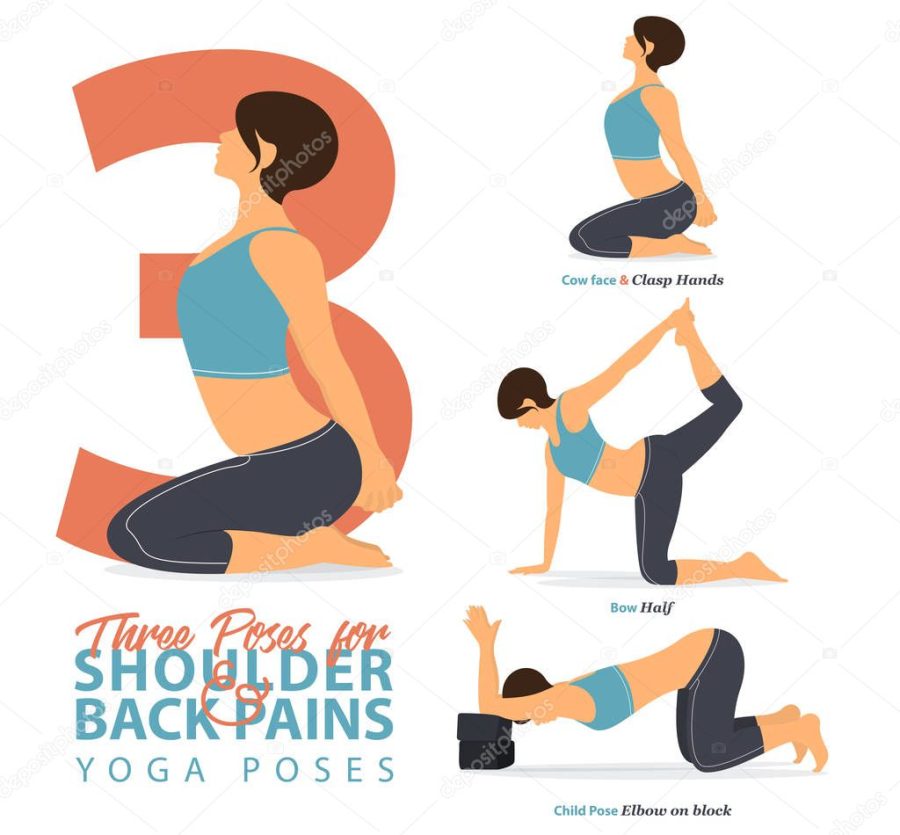 A set of yoga postures female figures for Infographic 3 Yoga poses for relief lower shoulder and back pain in flat design. Woman figures exercise in blue sportswear and black yoga pant. Vector Illustration.