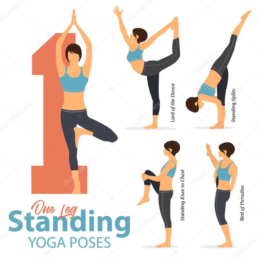 A set of yoga postures female figures for Infographic 5 Yoga in one leg standing poses in flat design. Woman figures exercise in blue sportswear and black yoga pant. Vector.