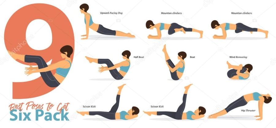 A set of yoga postures female figures for Infographic 9 Yoga best poses for get six pack in flat design. Woman figures exercise in blue sportswear and black yoga pant. Vector