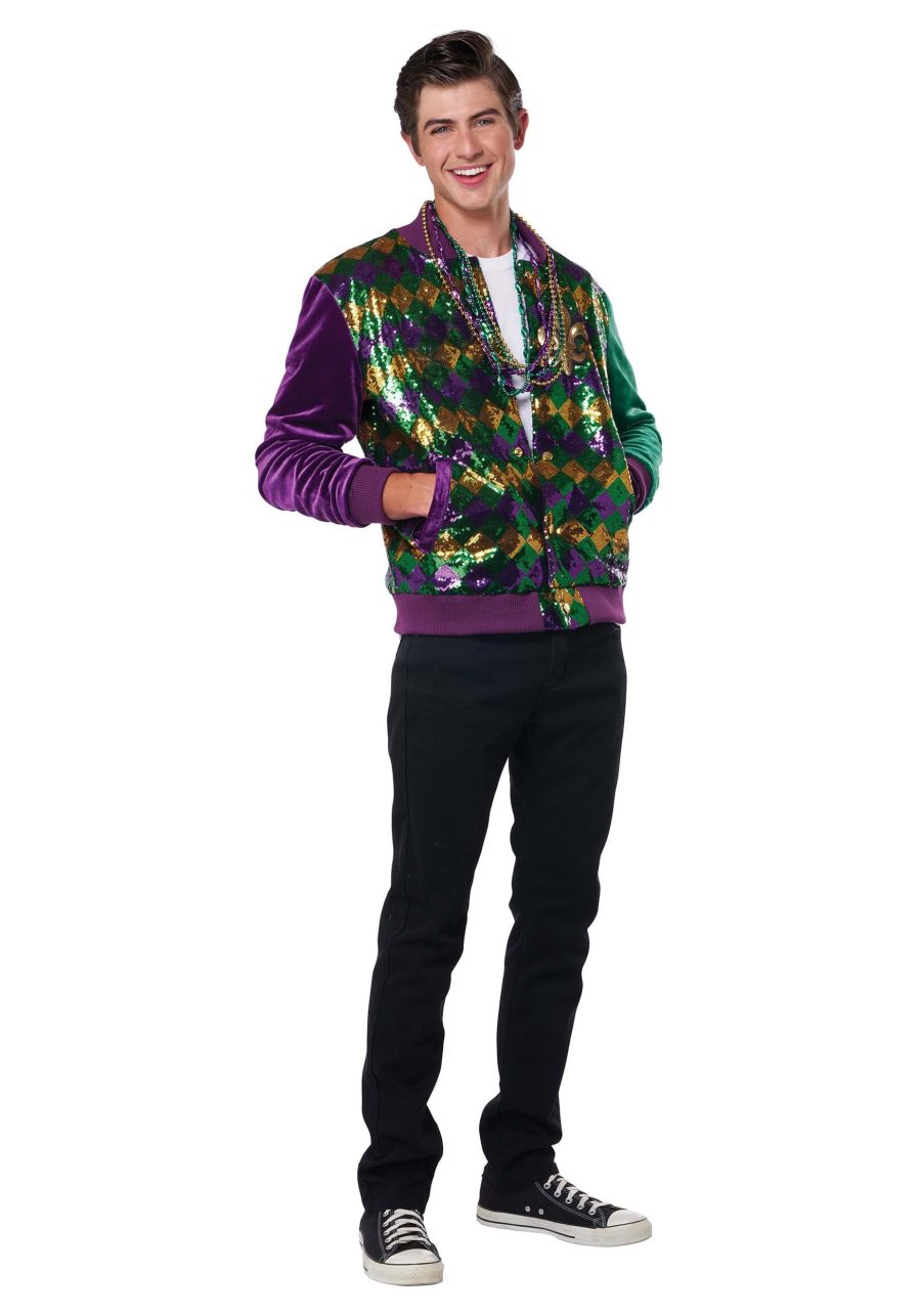 Adult Mardi Gras Sequin and Velour Varsity Bomber Jacket