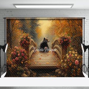 Aperturee Autumn Forest Floral Bear Bridge Photography Backdrop - Aperturee