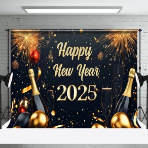 Aperturee Black Gold Wine Bottle Ribbon Happy New Year Backdrop - Aperturee