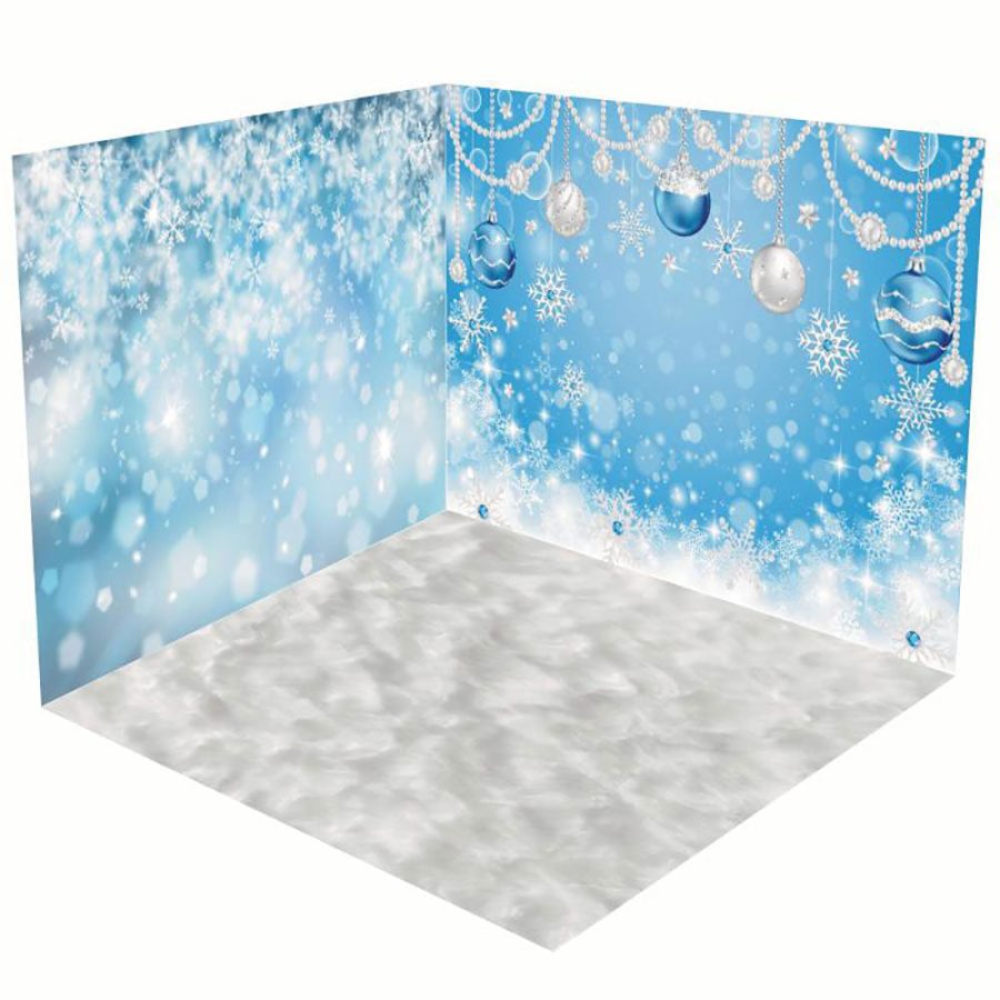 Aperturee Blue White Snowy Bells Christmas Room Set Backdrop - Aperturee